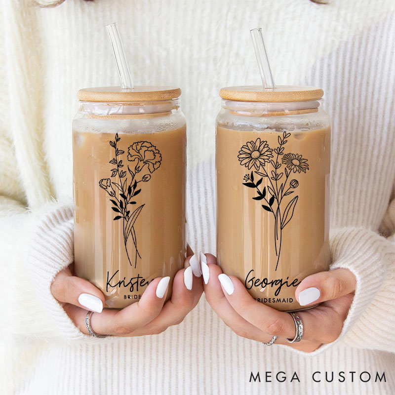 Personalized Bridesmaid Birth Flower Can Glasses with Lid and Straw Custom Bride Name Month Flower Coffee Cup Bridal Shower Bachelorette Party Gift