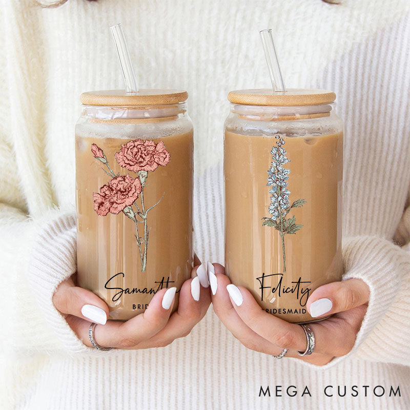 Personalized Elegant Bridesmaid Birth Flower Can Glasses with Lid and Straw Custom Bride Month Flower Coffee Cup Bridal Shower Bachelorette Party Gift