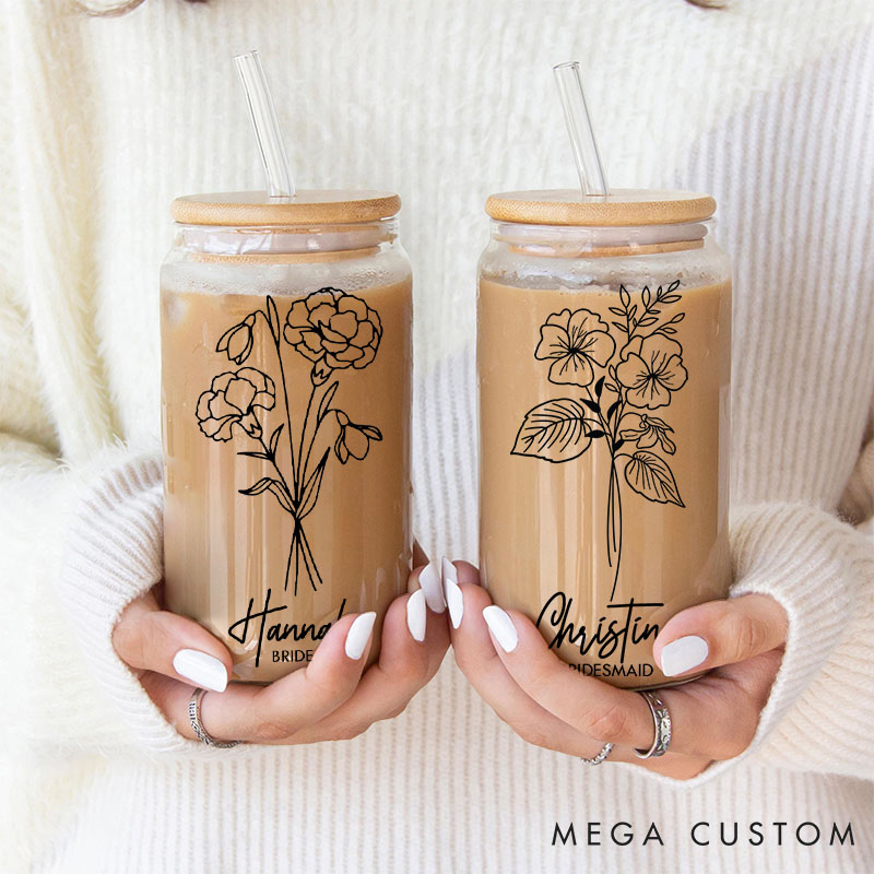 Personalized Stylish Bridesmaid Birth Flower Can Glasses with Lid and Straw Custom Bride Month Flower Coffee Cup Bridal Shower Bachelorette Party Gift