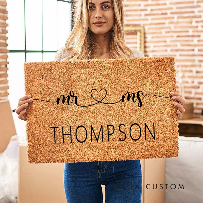 Personalized Couple Mr and Mrs with Heart Doormat Custom Newlyweds Last Name Door Mat Valentine's Day Hubby Wifey Husband Wife Gift for Him Her