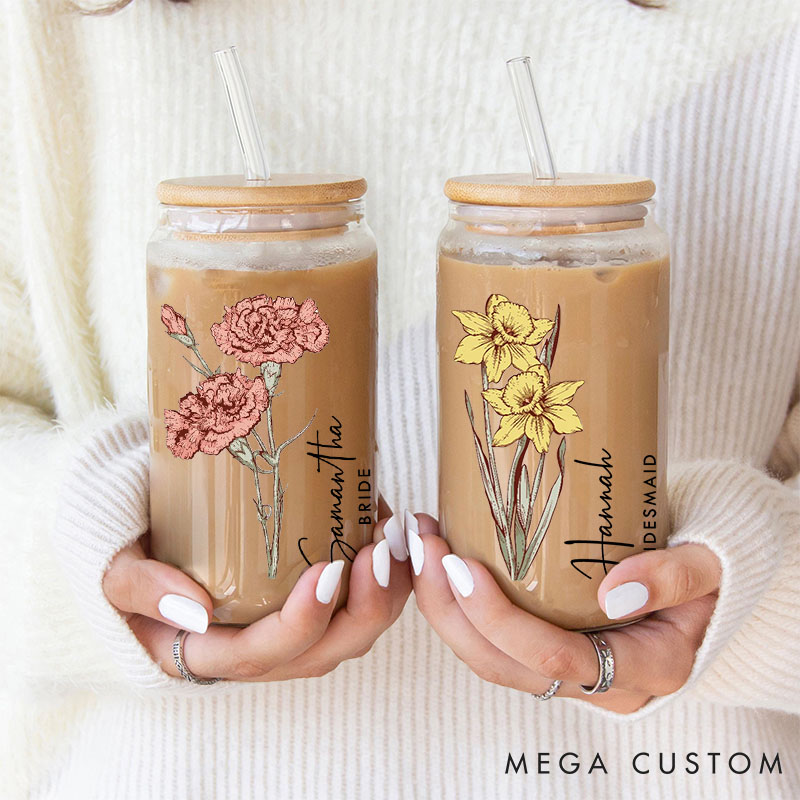 Personalized Bridesmaid Birth Flower Can Glasses with Lid and Straw Custom Bride Name Month Flower Coffee Cup Bridal Shower Bachelorette Party Gift