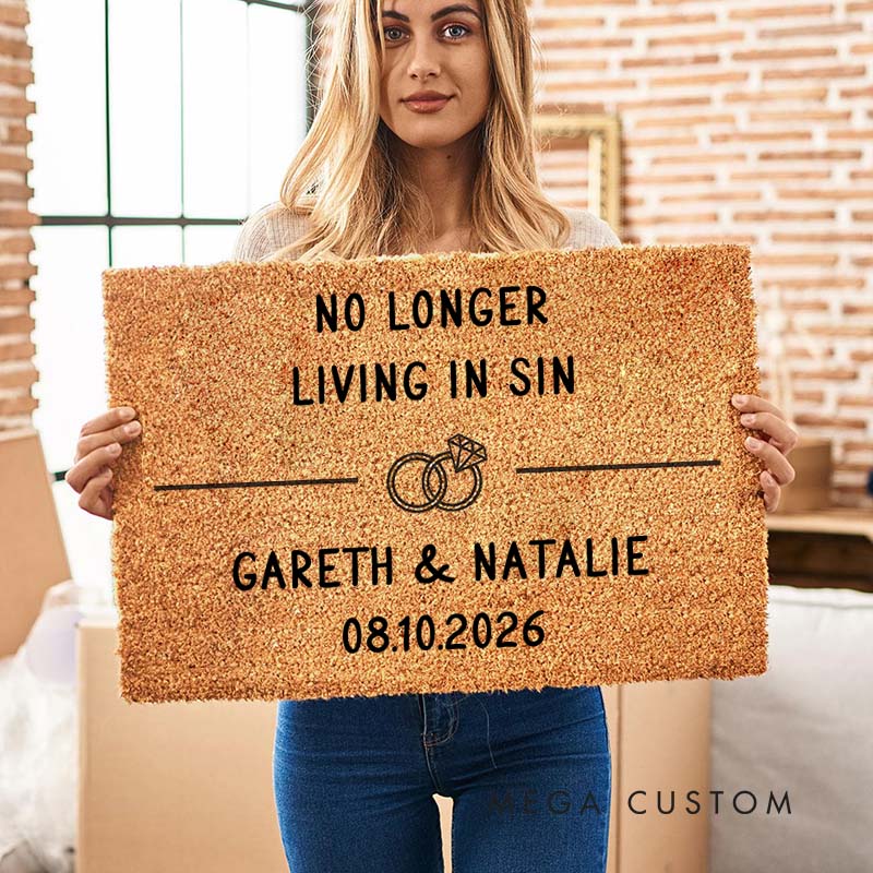 Personalized Couple No Longer Living in Sin Doormat Custom Newlyweds Name Doormat with Established Date New Couple Wedding Engagement Gift for Him Her