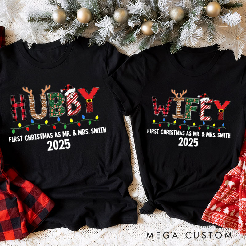 Personalized Couple Wifey and Hubby First Christmas T-Shirt Custom Newlyweds Christmas Light Shirt for Husband Wife Married Tee Tops Christmas Gift
