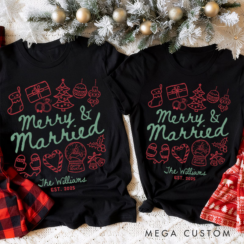Personalized Couple Festive Merry and Married First Christmas T-Shirt Newlyweds Holly Accents Shirt for Husband Wife Married Tee Tops Christmas Gift