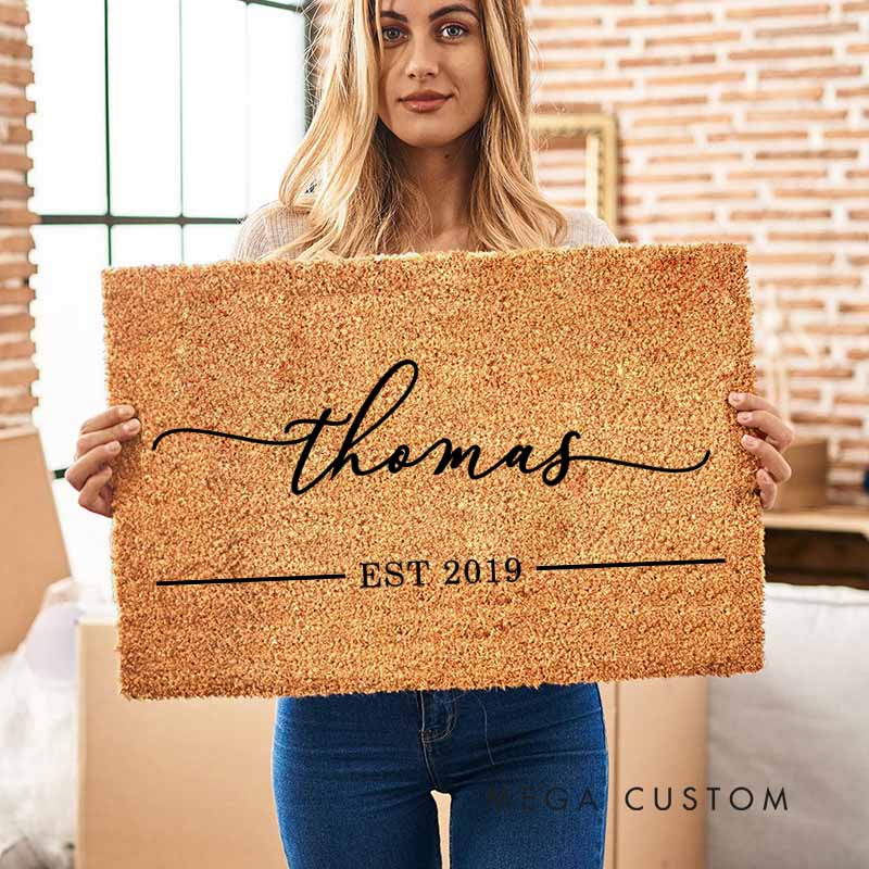 Personalized Anniversary Doormat Elegant Script Last Name Couple Doormat with Established Year Couple Wedding Anniversary Doormat