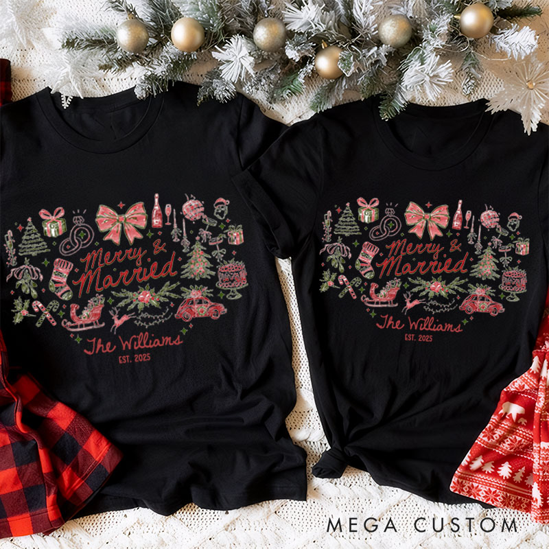 Personalized Couple Merry and Married First Christmas T-Shirt Newlyweds Festive Last Name Shirt for Husband Wife Married Tee Tops Christmas Gift
