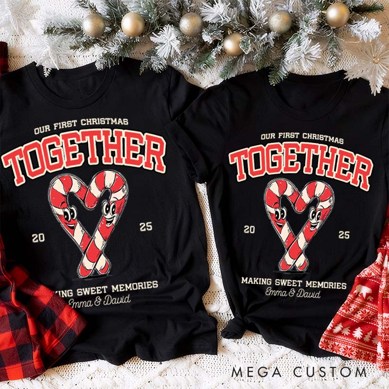 Personalized Couple Our First Christmas T-Shirt Custom Newlyweds Festive Heart Candy Canes Shirt for Husband Wife Married Tee Top BF GF Christmas Gift