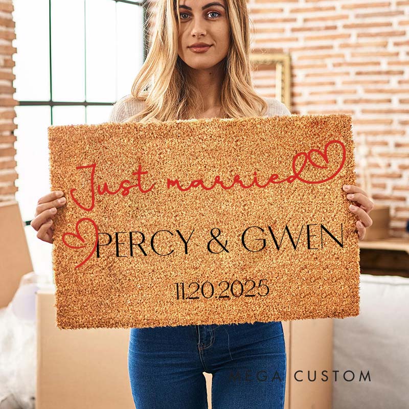 Personalized Couple Just Married with Heart Doormat Custom Newlyweds Name Door Mat Mr and Mrs Doormat Hubby Wifey Husband Wife Gift for Him Her