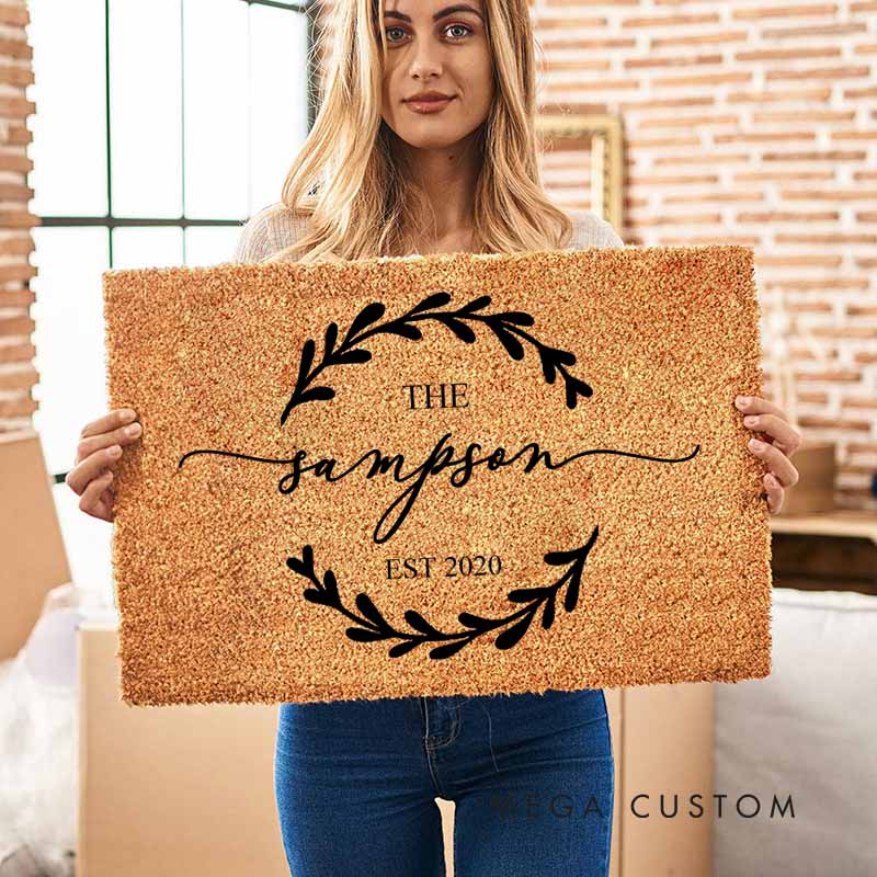 Personalized Couple Anniversary Doormat Leaf Wreath Design Doormat with Last Name and Established Year Wedding Anniversary Doormat