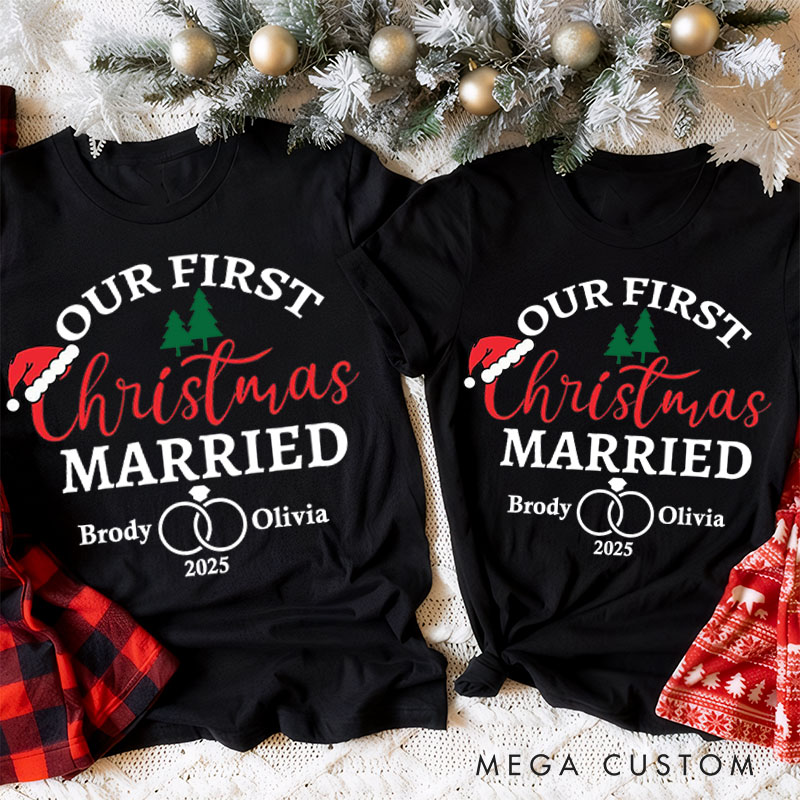 Personalized Couple Our First Christmas Married T-Shirt Custom Newlyweds Wedding Rings Xmas Shirt for Husband Wife Just Married Tee Top Christmas Gift