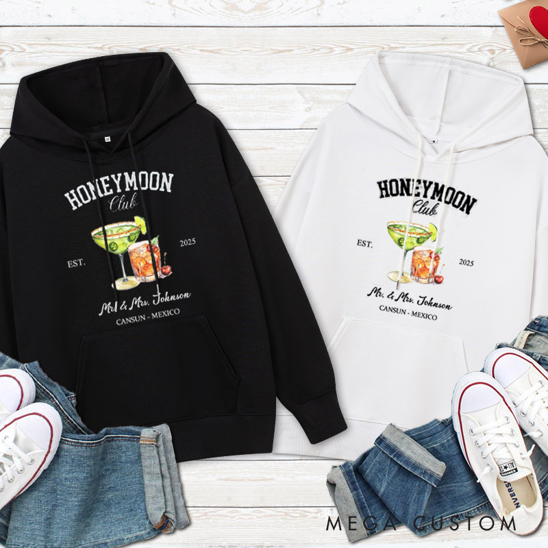 Personalized Tropical Honeymoon Club with Colorful Cocktails Matching Honeymoon Couple Hoodie