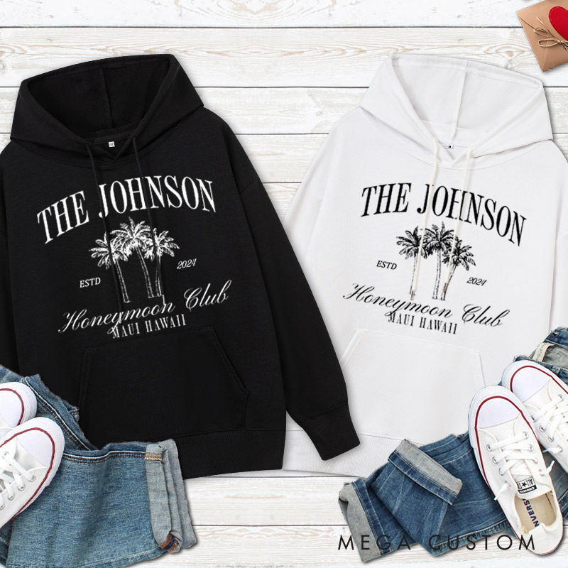 Personalized Classic Honeymoon Club with Palm Trees Matching Honeymoon Couple Hoodie
