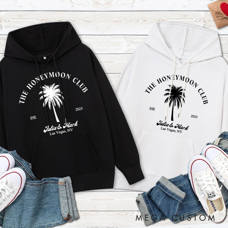 Personalized Tropical The Honeymoon Club with Palm Tree Matching Honeymoon Couple Hoodie