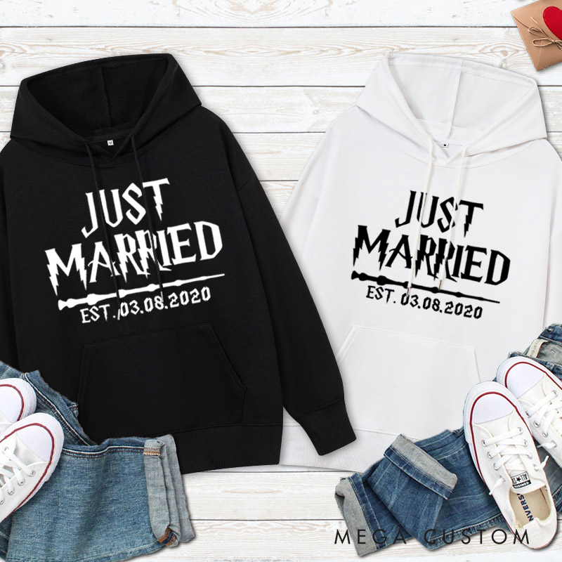Personalized Just Married with Date Matching Wedding Couple Hoodie