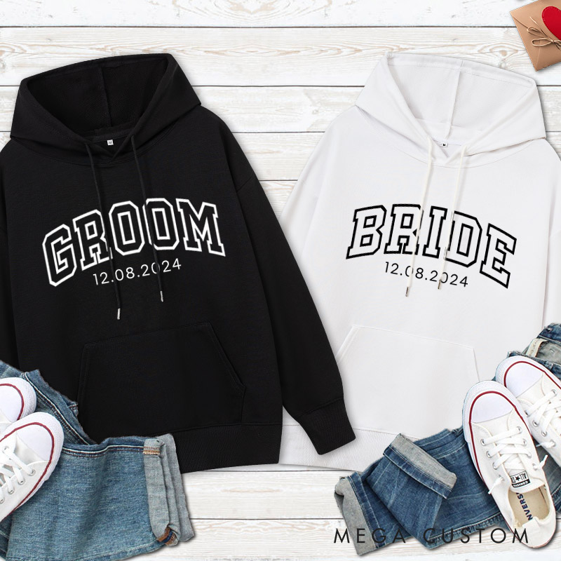 Personalized Varsity-Inspired Bride and Groom with Date Matching Wedding Couple Hoodie