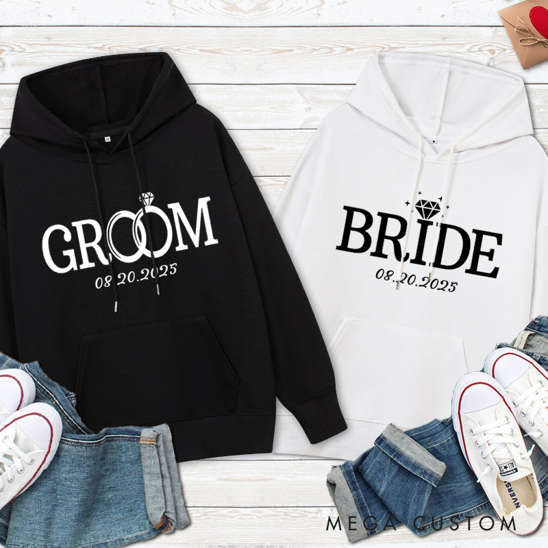 Personalized Elegant Bride and Groom with Rings Matching Wedding Couple Hoodie