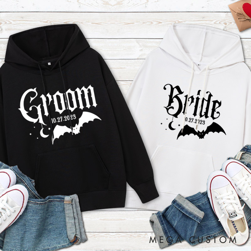 Personalized Halloween Gothic Bride and Groom with Bat and Moon Matching Wedding Couple Hoodie