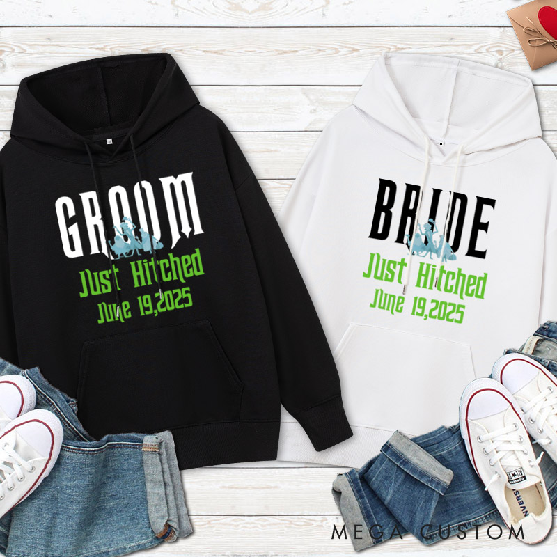 Personalized Playful Just Hitched Bride and Groom Wedding Couple Hoodie