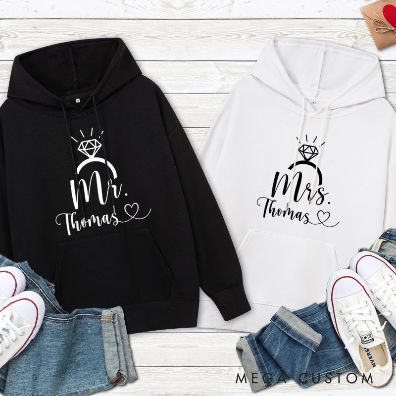 Personalized Elegant Mr and Mrs with Diamond Ring Wedding Couple Hoodie