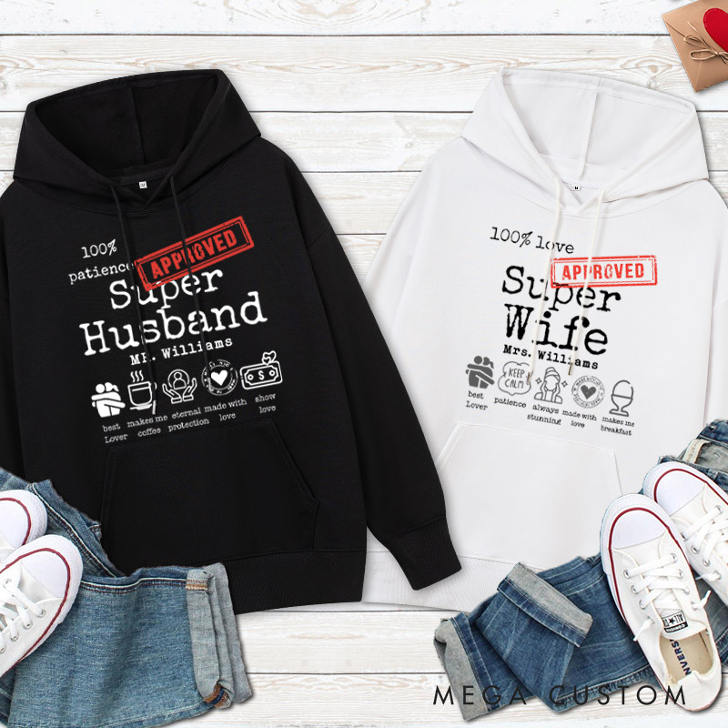 Personalized Fun Approved Super Wife and Super Husband Matching Wedding Couple Hoodie