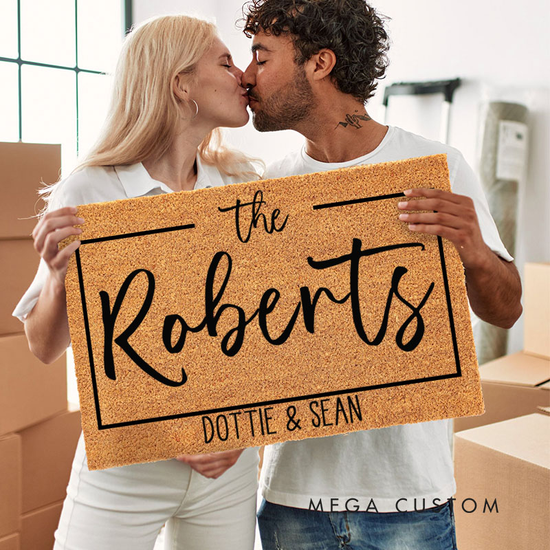 Personalized Couple Last Name Minimalist Frame Doormat Custom Couple First Name Door Mat Mr and Mrs Doormat Hubby Wifey Husband Wife Gift for Him Her