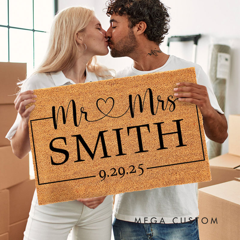 Personalized Couple Mr and Mrs with Heart Doormat Custom Newlyweds Last Name Date Door Mat Valentine's Day Hubby Wifey Husband Wife Gift for Him Her
