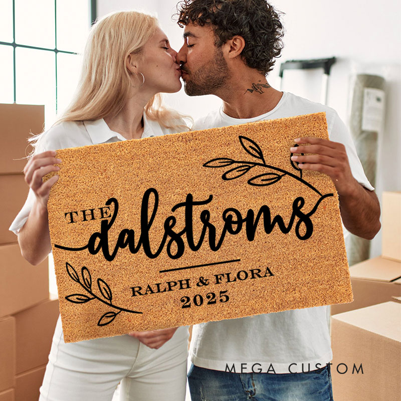 Personalized Couple Last Name with Leaf Wreath Doormat Custom Newlyweds First Name Date Door Mat Mr and Mrs Hubby Wifey Husband Wife Gift for Him Her