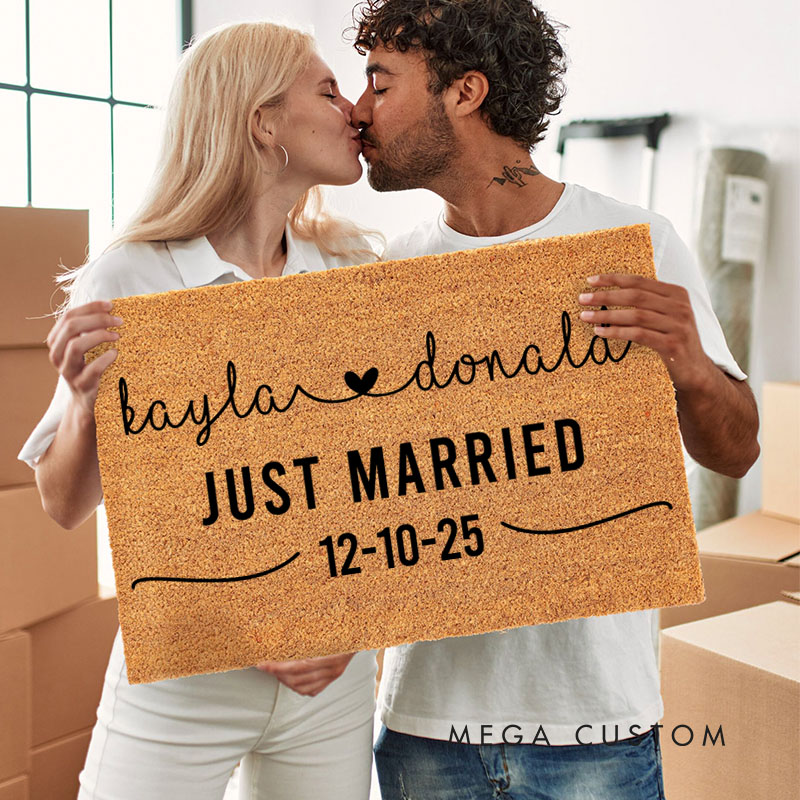 Personalized Couple Just Married Doormat Custom Newlyweds First Name with Heart Door Mat Mr and Mrs Hubby Wifey Husband Wife Gift for Him Her