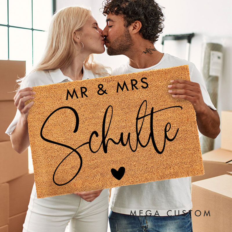 Personalized Couple Mr. and Mrs. Last Name with Heart Doormat Custom Newlyweds Door Mat Valentine's Day Hubby Wifey Husband Wife Gift for Him Her