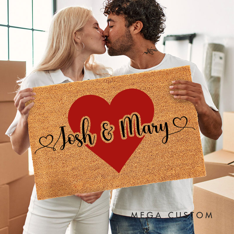 Personalized Couple Name with Red Heart Doormat Newlyweds Door Mat Boyfriend Girlfriend Valentine's Day Gift Wedding Husband Wife Gift for Him Her