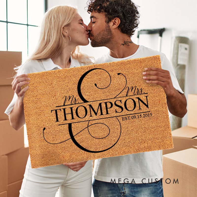 Personalized Mr. and Mrs. Anniversary Doormat Elegant Script Design Doormat with Last Name Couple Wedding Anniversary Doormat