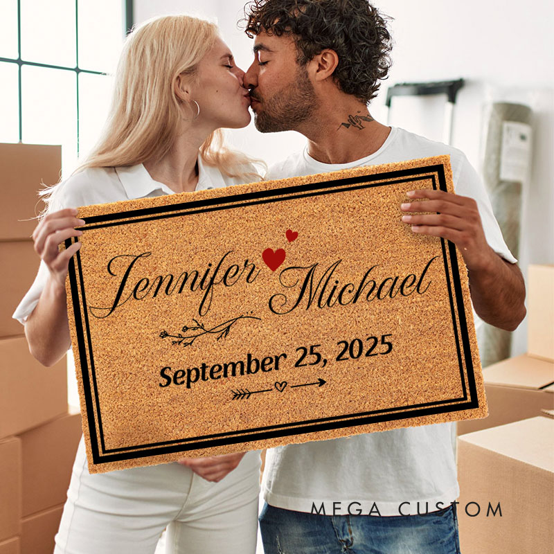 Personalized Couple 2 Frames Doormat Custom Newlyweds Floral Door Mat Hubby Wifey Name and Date Doormat Wedding Husband Wife Gift for Him Her