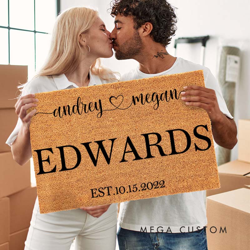Personalized Husband Wife Anniversary Doormat Couple Name Anniversary Doormat with Heart Last Name and Year Newlywed Anniversary Gift
