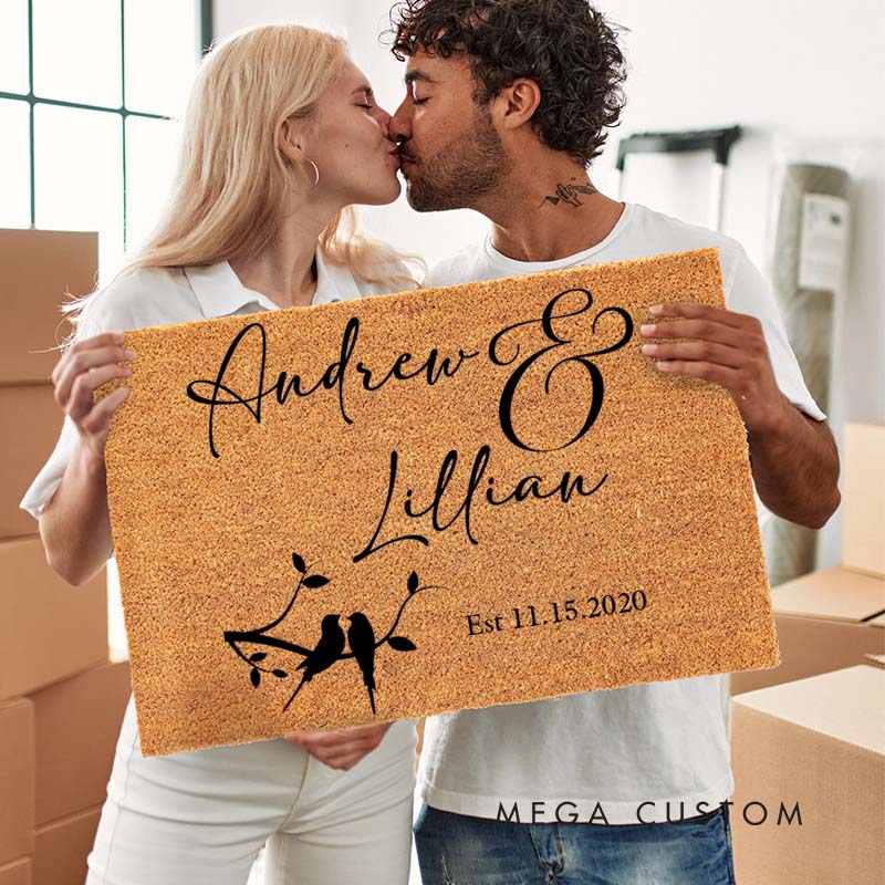 Personalized Love Birds Couple Doormat Custom Wedding Anniversary Gift Doormat for Couple Home Decor Doormat with Name and Date