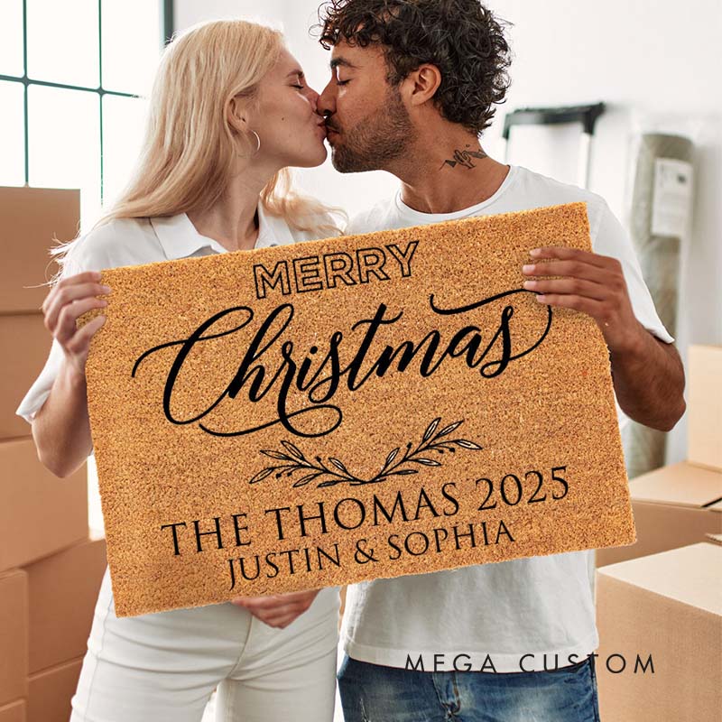 Personalized Couple Last Name Merry Christmas with Leaf Wreath Doormat Custom Newlyweds First Name Door Mat Hubby Wifey Husband Wife Gift for Him Her