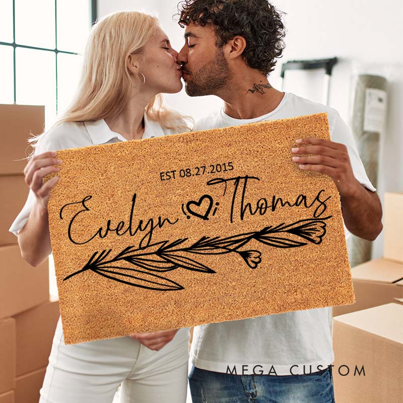 Personalized Couple Anniversary Doormat Wife Husband Wedding Anniversary Doormat Romantic Floral Branch Design Doormat with Name and Date