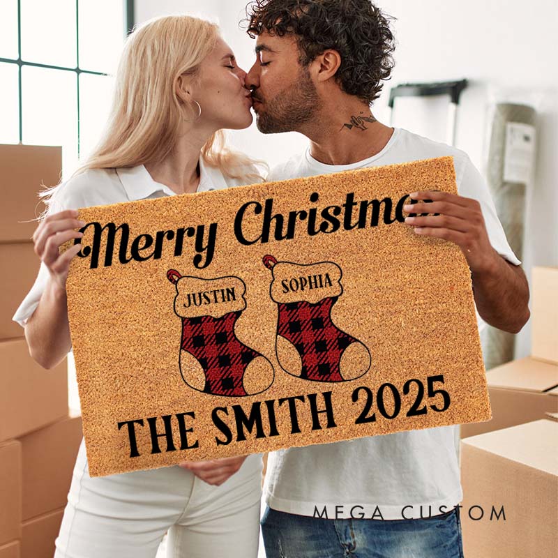 Personalized Couple Merry Christmas Plaid Stocking Doormat Custom Newlywed Last Name Xmas Door Mat Hubby Wifey Husband Wife Christmas Gift for Him Her