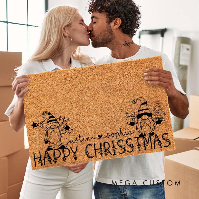 Personalized Couple Happy Christmas Gnome Doormat Custom Newlywed Name Xmas Door Mat Boyfriend Girlfriend Husband Wife Christmas Gift for Him Her