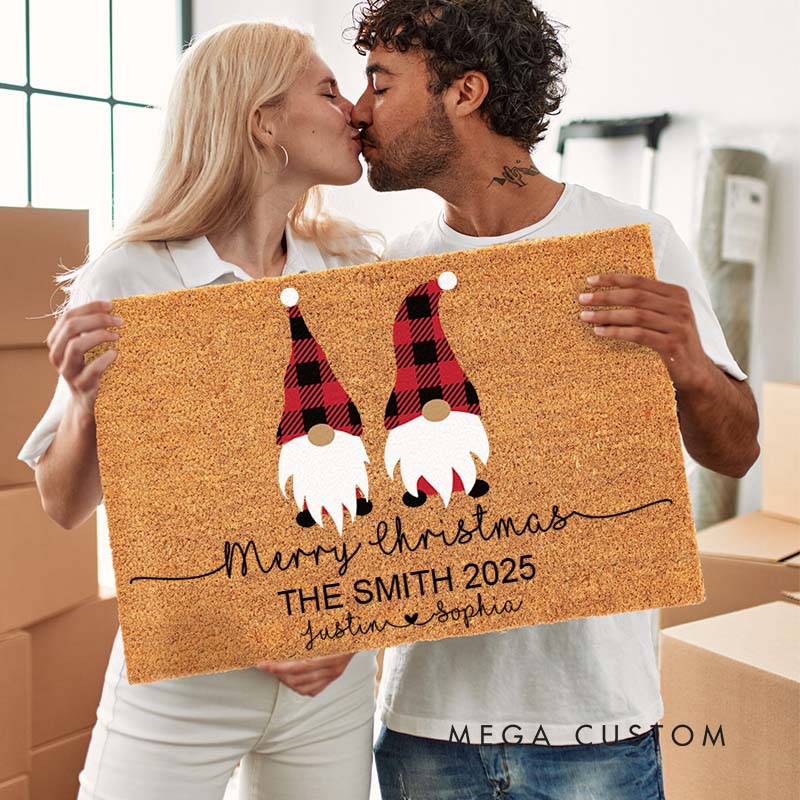 Personalized Couple Plaid Gnome Merry Christmas Doormat Custom Newlywed Name Xmas Door Mat Hubby Wifey Husband Wife Christmas Gift for Him Her
