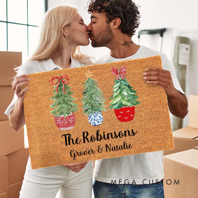Personalized Couple Last Name with Christmas Tree Doormat Custom Newlywed First Name Xmas Door Mat Mr and Mrs Husband Wife Christmas Gift for Him Her