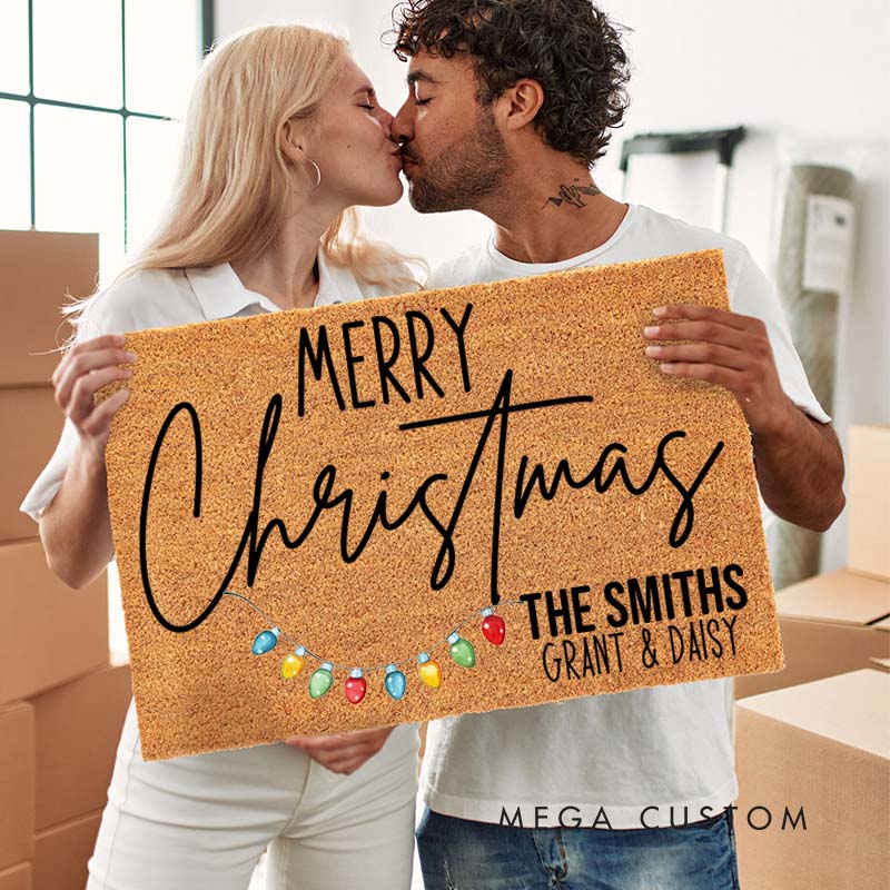 Personalized Couple Last Name with Merry Christmas Light Doormat Newlywed First Name Xmas Door Mat Mr and Mrs Husband Wife Christmas Gift for Him Her