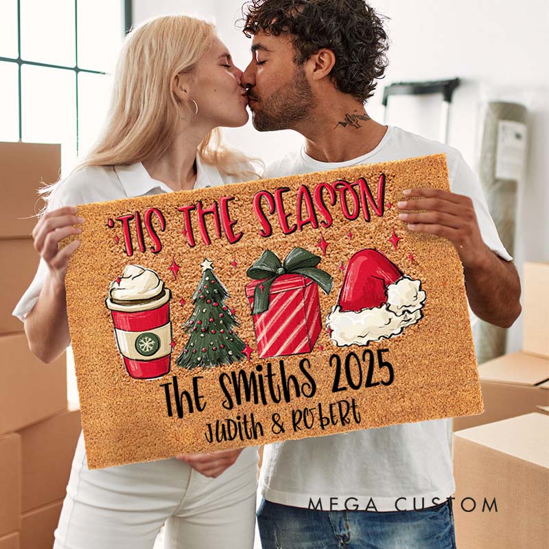 Personalized Couple Tis the Season Christmas Doormat Custom Newlywed Last Name Xmas Doormat Husband Wife First Name Doormat Christmas Gift for Him Her