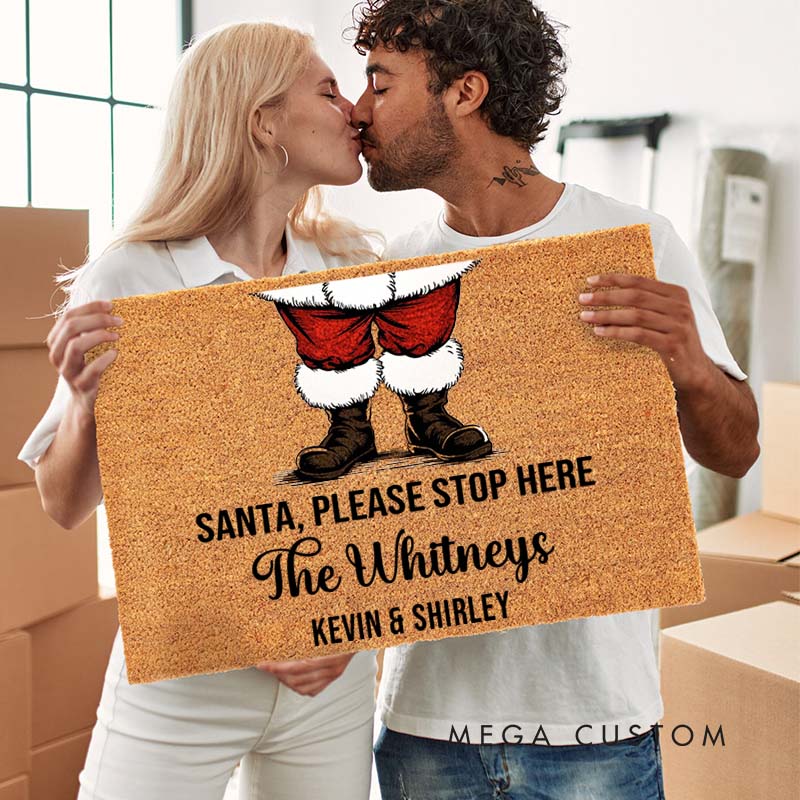 Personalized Couple Santa Please Stop Here Christmas Doormat Newlywed Last Name Xmas Doormat Husband Wife Name Doormat Christmas Gift for Him Her