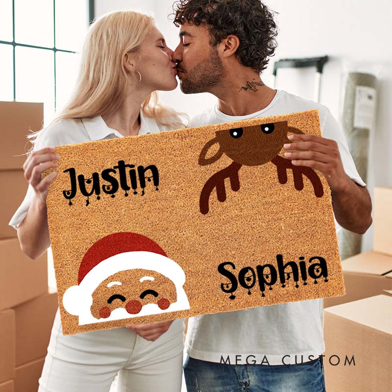 Personalized Couple Cute Santa and Reindeer Christmas Doormat Newlywed Name Xmas Doormat Husband Wife Boyfriend Girlfriend Christmas Gift for Him Her