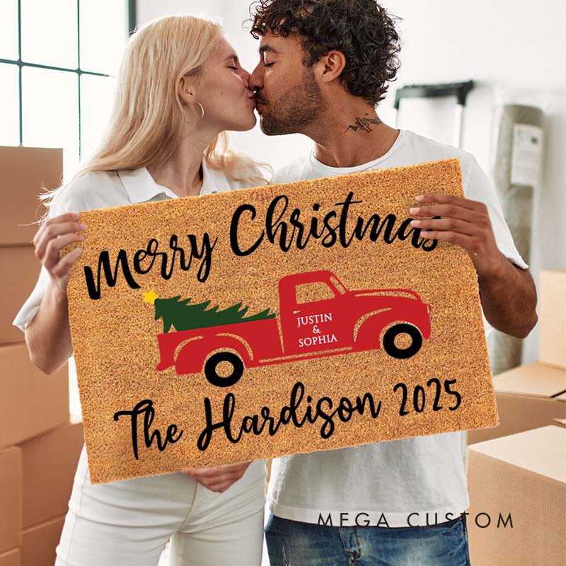 Personalized Couple Merry Christmas with Truck and Tree Doormat Newlywed Last Name Xmas Doormat Husband Wife Name Doormat Christmas Gift for Him Her