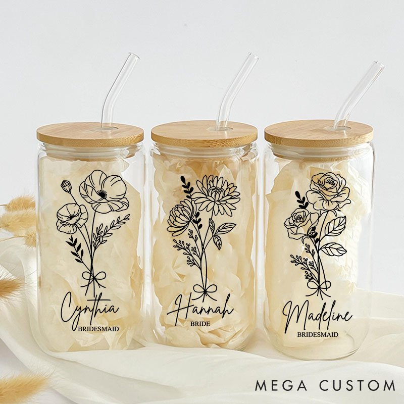 Personalized Bridesmaid Birth Flower Can Glasses with Lid and Straw Custom Bride Name Coffee Cup Bridal Shower Coffee Glasses Bachelorette Party Gift