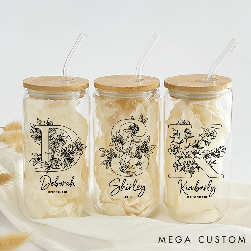 Personalized Bridesmaid Floral Initials Can Glasses with Lid and Straw Custom Bride Name Coffee Cup Bridal Shower Coffee Cup Bachelorette Party Gift