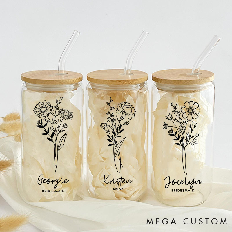 Personalized Bridesmaid Birth Flower Can Glasses with Lid and Straw Custom Bride Name Month Flower Coffee Cup Bridal Shower Bachelorette Party Gift