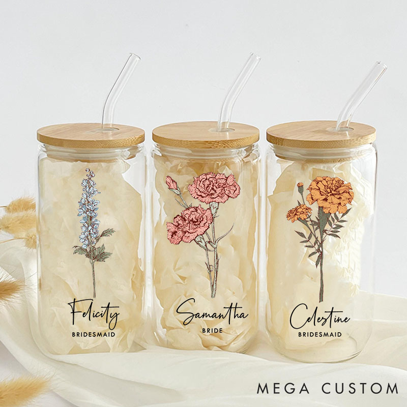 Personalized Elegant Bridesmaid Birth Flower Can Glasses with Lid and Straw Custom Bride Month Flower Coffee Cup Bridal Shower Bachelorette Party Gift