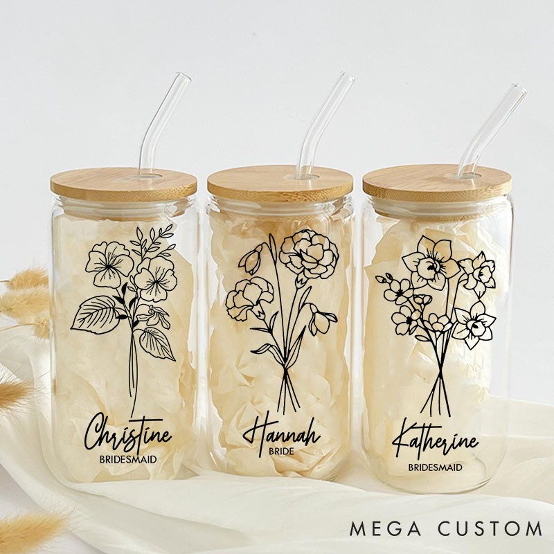Personalized Stylish Bridesmaid Birth Flower Can Glasses with Lid and Straw Custom Bride Month Flower Coffee Cup Bridal Shower Bachelorette Party Gift